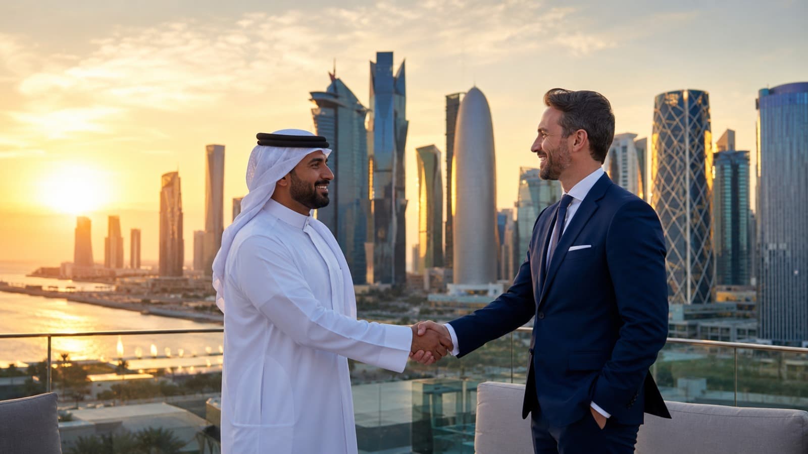 شراكة أعمال في قطر أمام أفق الخليج الغربي بالدوحة