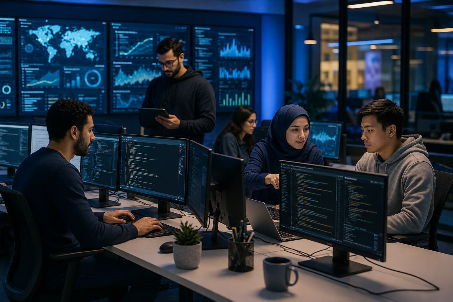 فريق تقني يعمل على لوحات بيانات وبرمجيات في مكتب بالدوحة